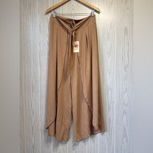entro Tan Tie-Front Wrap-Effect Wide-Leg Pants Size L NWT